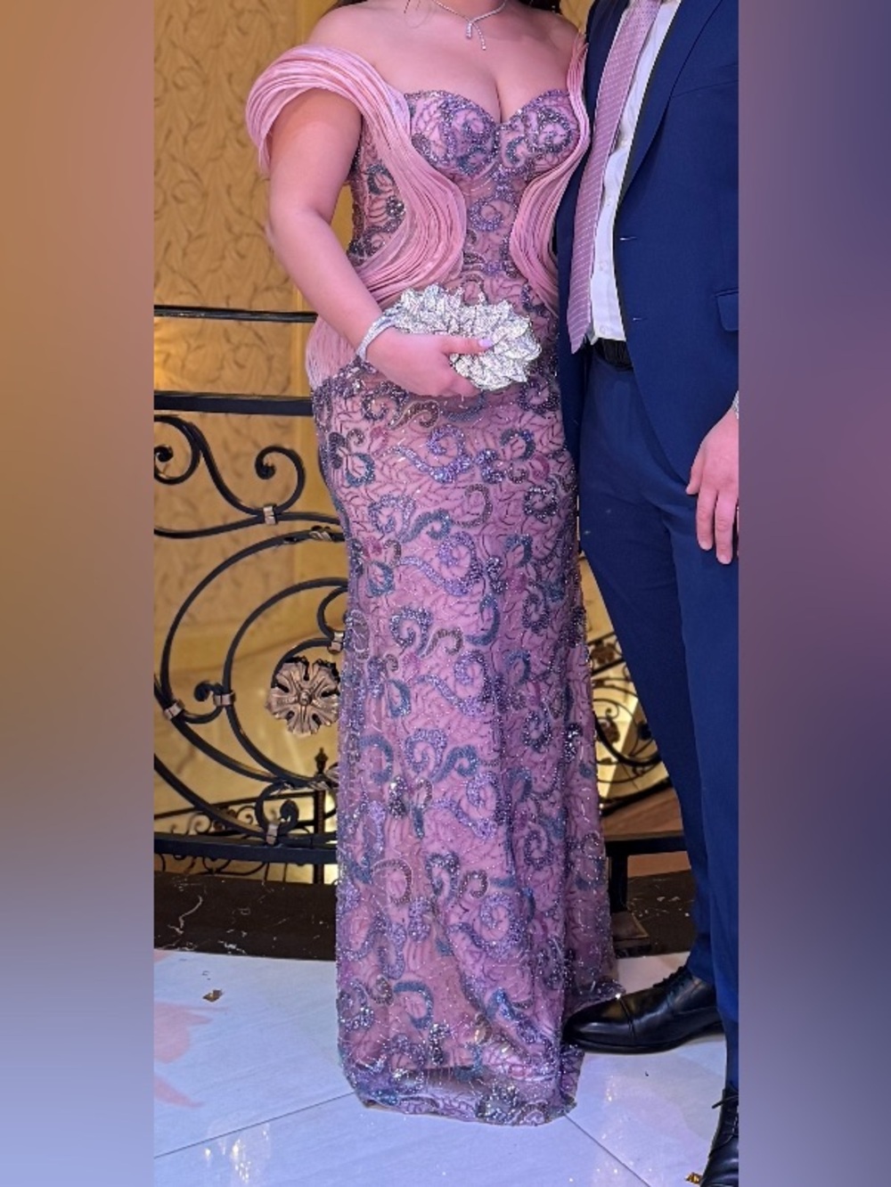 Embellished Pink Lace Evening Gown